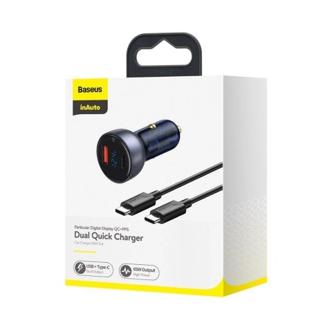 Baseus ładowarka samochodowa USB / USB Typ C 65 W 5 A SCP Quick Charge 4.0+ Power Delivery 3.0 ekran LCD + kabel USB Typ C - USB Baseus ładowarka samochodowa USB / USB Typ C 65 W 5 A SCP Quick Charge 4.0+ Power Delivery 3.0 ekran LCD + kabel USB Typ C - USB