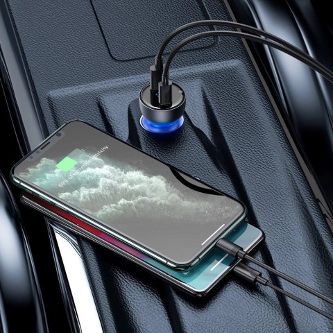 Baseus ładowarka samochodowa USB / USB Typ C 65 W 5 A SCP Quick Charge 4.0+ Power Delivery 3.0 ekran LCD szary (CCKX-C0G) Baseus ładowarka samochodowa USB / USB Typ C 65 W 5 A SCP Quick Charge 4.0+ Power Delivery 3.0 ekran LCD szary (CCKX-C0G)