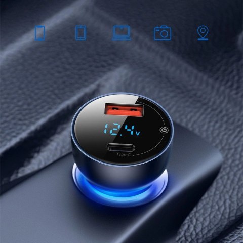 Baseus ładowarka samochodowa USB / USB Typ C 65 W 5 A SCP Quick Charge 4.0+ Power Delivery 3.0 ekran LCD szary (CCKX-C0G) Baseus ładowarka samochodowa USB / USB Typ C 65 W 5 A SCP Quick Charge 4.0+ Power Delivery 3.0 ekran LCD szary (CCKX-C0G)