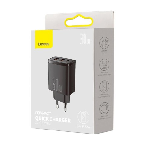 Baseus Compact szybka ładowarka sieciowa 2x USB / USB Typ C 30W 3A Power Delivery Quick Charge czarny (CCXJ-E01) Baseus Compact szybka ładowarka sieciowa 2x USB / USB Typ C 30W 3A Power Delivery Quick Charge czarny (CCXJ-E01)