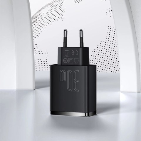 Baseus Compact szybka ładowarka sieciowa 2x USB / USB Typ C 30W 3A Power Delivery Quick Charge czarny (CCXJ-E01) Baseus Compact szybka ładowarka sieciowa 2x USB / USB Typ C 30W 3A Power Delivery Quick Charge czarny (CCXJ-E01)