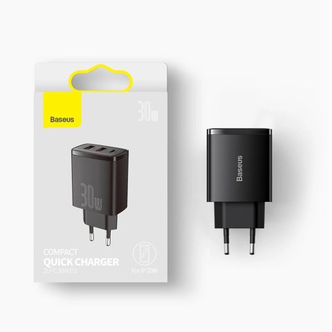 Baseus Compact szybka ładowarka sieciowa 2x USB / USB Typ C 30W 3A Power Delivery Quick Charge czarny (CCXJ-E01) Baseus Compact szybka ładowarka sieciowa 2x USB / USB Typ C 30W 3A Power Delivery Quick Charge czarny (CCXJ-E01)