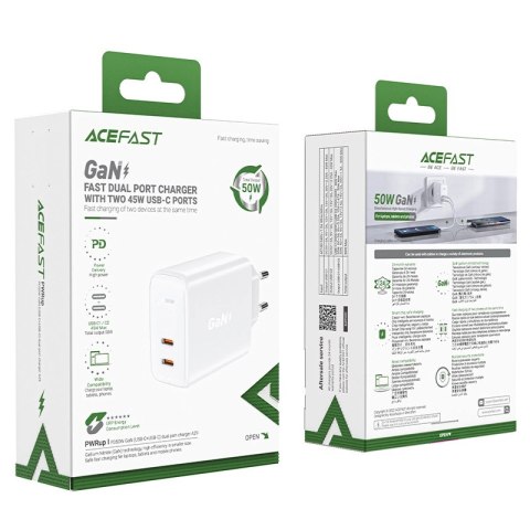 Acefast ładowarka sieciowa GaN USB Typ C 50W, PD, QC 3.0, AFC, FCP biały (A29 white) Acefast ładowarka sieciowa GaN USB Typ C 50W, PD, QC 3.0, AFC, FCP biały (A29 white)