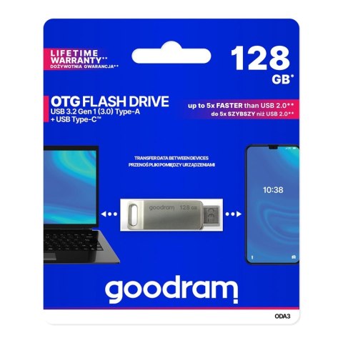 Pendrive 128 GB USB 3.2 Gen 1 USB / USB C OTG ODA3 Goodram - srebrny Pendrive 128 GB USB 3.2 Gen 1 USB / USB C OTG ODA3 Goodram - srebrny