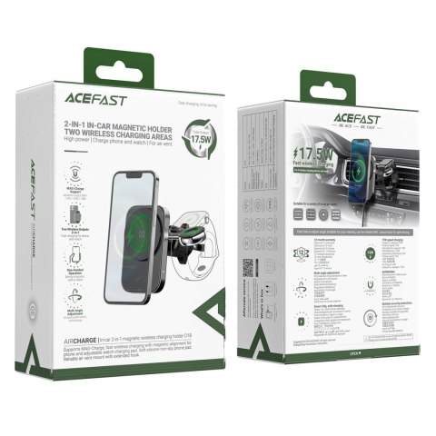 Uchwyt samochodowy Acefast D18 z ładowarką indukcyjną MagSafe / Qi + kabel USB-A USB-C - czarny Uchwyt samochodowy Acefast D18 z ładowarką indukcyjną MagSafe / Qi + kabel USB-A USB-C - czarny