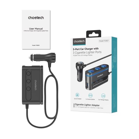 Ładowarka Choetech TC0021 samochodowa 2x USB-C PD 1x USB-A QC 3x gniazdo zapalniczki - czarna Ładowarka Choetech TC0021 samochodowa 2x USB-C PD 1x USB-A QC 3x gniazdo zapalniczki - czarna