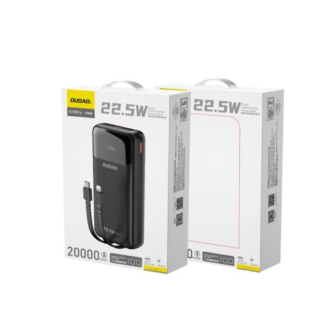 Powerbank Dudao K15Pro 20000mAh 22.5W PD USB-C / USB-A / wbudowane kable Lightning i USB-C - czarny Powerbank Dudao K15Pro 20000mAh 22.5W PD USB-C / USB-A / wbudowane kable Lightning i USB-C - czarny
