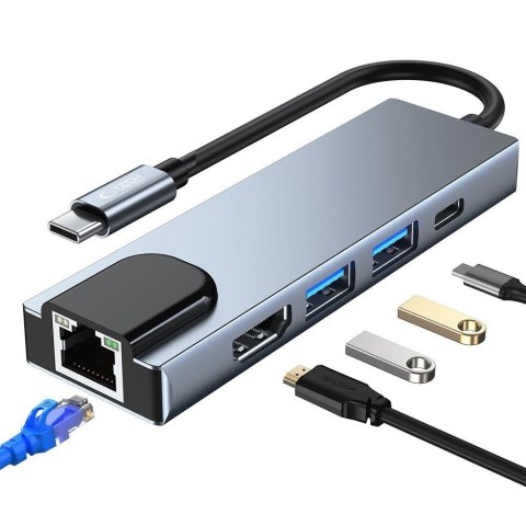 HUB Tech-Protect V3 5w1 USB-C - USB-A 3.0 / USB-A 2.0 / USB-C / HDMI / RJ45 - szary HUB Tech-Protect V3 5w1 USB-C - USB-A 3.0 / USB-A 2.0 / USB-C / HDMI / RJ45 - szary