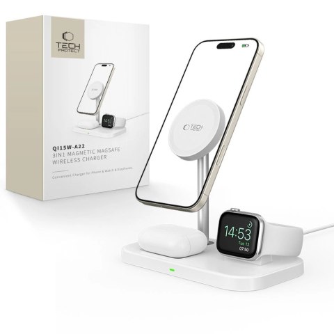 Ładowarka Tech-Protect QI15W-A22 indukcyjna MagSafe ze stojakiem 3w1 MagSafe na smartfon / Apple Watch / AirPods - biała Ładowarka Tech-Protect QI15W-A22 indukcyjna MagSafe ze stojakiem 3w1 MagSafe na smartfon / Apple Watch / AirPods - biała