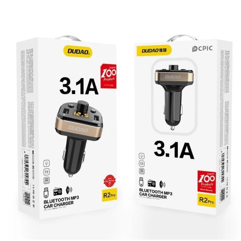 Dudao Transmiter FM Bluetooth ładowarka samochodowa MP3 3.1 A 2x USB czarny (R2Pro black) Dudao Transmiter FM Bluetooth ładowarka samochodowa MP3 3.1 A 2x USB czarny (R2Pro black)