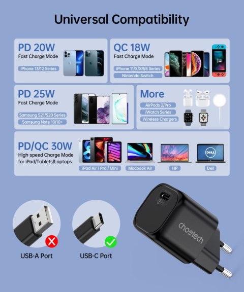 Choetech ładowarka sieciowa GaN USB Typ C PD 30W czarny (PD5007) Choetech ładowarka sieciowa GaN USB Typ C PD 30W czarny (PD5007)