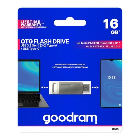 Pendrive 16 GB USB 3.2 Gen 1 USB / USB C OTG ODA3 Goodram - srebrny Pendrive 16 GB USB 3.2 Gen 1 USB / USB C OTG ODA3 Goodram - srebrny