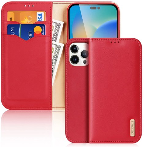 Dux Ducis Hivo skórzane etui z klapką pokrowiec ze skóry naturalnej portfel na karty i dokumenty iPhone 14 Pro Max czerwony Dux Ducis Hivo skórzane etui z klapką pokrowiec ze skóry naturalnej portfel na karty i dokumenty iPhone 14 Pro Max czerwony