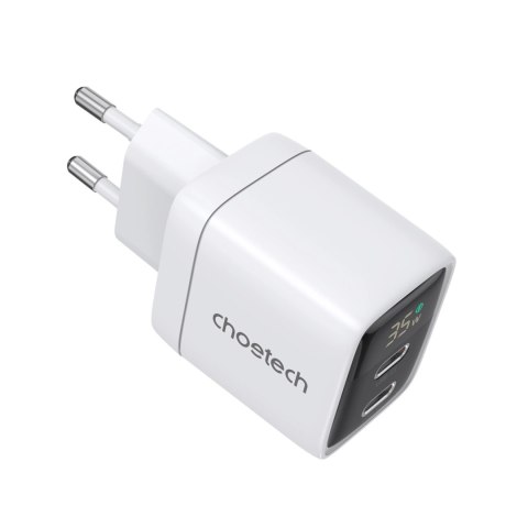 Ładowarka sieciowa GaN Choetech PD6051 2x USB-C PD 35W z wyświetlaczem - biała Ładowarka sieciowa GaN Choetech PD6051 2x USB-C PD 35W z wyświetlaczem - biała