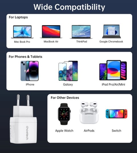 Ładowarka sieciowa GaN Choetech PD6051 2x USB-C PD 35W z wyświetlaczem - biała Ładowarka sieciowa GaN Choetech PD6051 2x USB-C PD 35W z wyświetlaczem - biała