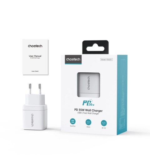 Ładowarka sieciowa GaN Choetech PD6051 2x USB-C PD 35W z wyświetlaczem - biała Ładowarka sieciowa GaN Choetech PD6051 2x USB-C PD 35W z wyświetlaczem - biała