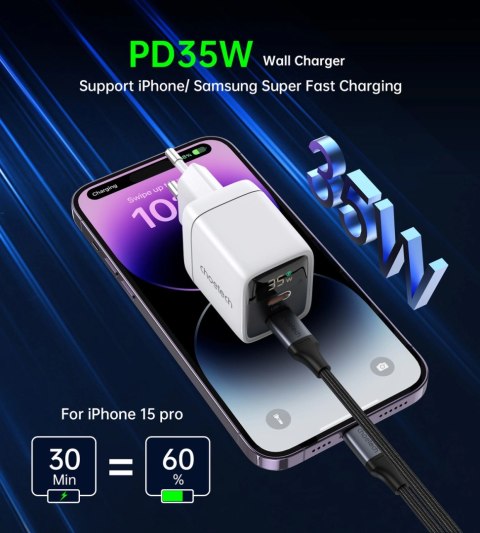 Ładowarka sieciowa GaN Choetech PD6051 2x USB-C PD 35W z wyświetlaczem - biała Ładowarka sieciowa GaN Choetech PD6051 2x USB-C PD 35W z wyświetlaczem - biała