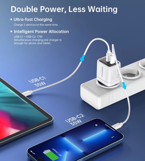 Ładowarka sieciowa GaN Choetech PD6051 2x USB-C PD 35W z wyświetlaczem - biała Ładowarka sieciowa GaN Choetech PD6051 2x USB-C PD 35W z wyświetlaczem - biała