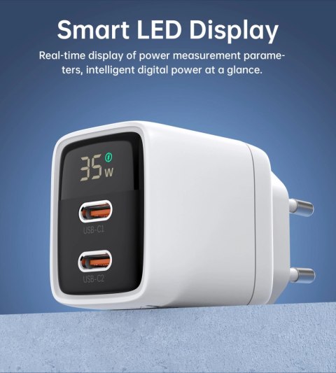 Ładowarka sieciowa GaN Choetech PD6051 2x USB-C PD 35W z wyświetlaczem - biała Ładowarka sieciowa GaN Choetech PD6051 2x USB-C PD 35W z wyświetlaczem - biała