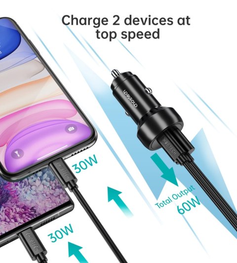 Ładowarka samochodowa Choetech TC0014 USB-C USB-A PD 60W z podświetleniem LED - czarna Ładowarka samochodowa Choetech TC0014 USB-C USB-A PD 60W z podświetleniem LED - czarna