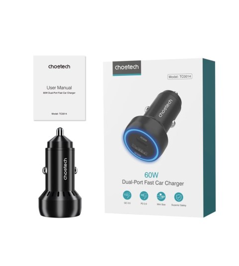 Ładowarka samochodowa Choetech TC0014 USB-C USB-A PD 60W z podświetleniem LED - czarna Ładowarka samochodowa Choetech TC0014 USB-C USB-A PD 60W z podświetleniem LED - czarna