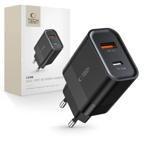 Ładowarka Tech-Protect C30W sieciowa USB-C PD 30W / USB-A QC 3.0 - czarna