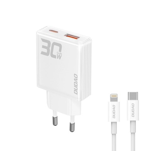 Ładowarka sieciowa GaN Dudao A30EUL 30W USB-A / USB-C + kabel USB-C - Lightning - biała Ładowarka sieciowa GaN Dudao A30EUL 30W USB-A / USB-C + kabel USB-C - Lightning - biała