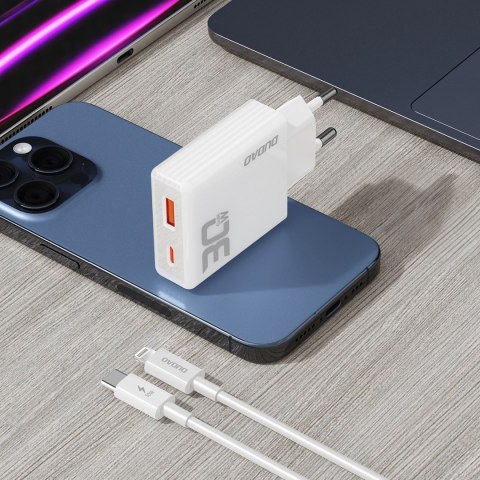 Ładowarka sieciowa GaN Dudao A30EUL 30W USB-A / USB-C + kabel USB-C - Lightning - biała Ładowarka sieciowa GaN Dudao A30EUL 30W USB-A / USB-C + kabel USB-C - Lightning - biała