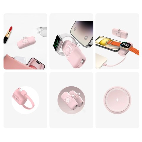 Mini powerbank Wozinsky WF16-YCS 5000mAh 15W USB-C z wbudowanym kablem USB-C i ładowarką do Apple Watch - różowy Mini powerbank Wozinsky WF16-YCS 5000mAh 15W USB-C z wbudowanym kablem USB-C i ładowarką do Apple Watch - różowy