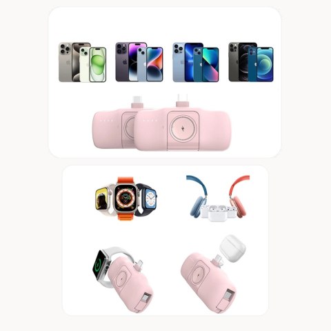 Mini powerbank Wozinsky WF16-YCS 5000mAh 15W USB-C z wbudowanym kablem USB-C i ładowarką do Apple Watch - różowy Mini powerbank Wozinsky WF16-YCS 5000mAh 15W USB-C z wbudowanym kablem USB-C i ładowarką do Apple Watch - różowy