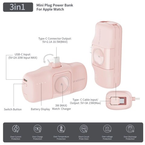 Mini powerbank Wozinsky WF16-YCS 5000mAh 15W USB-C z wbudowanym kablem USB-C i ładowarką do Apple Watch - różowy Mini powerbank Wozinsky WF16-YCS 5000mAh 15W USB-C z wbudowanym kablem USB-C i ładowarką do Apple Watch - różowy