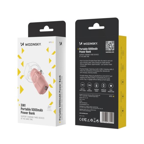 Mini powerbank Wozinsky WF16-YCS 5000mAh 15W USB-C z wbudowanym kablem USB-C i ładowarką do Apple Watch - różowy Mini powerbank Wozinsky WF16-YCS 5000mAh 15W USB-C z wbudowanym kablem USB-C i ładowarką do Apple Watch - różowy