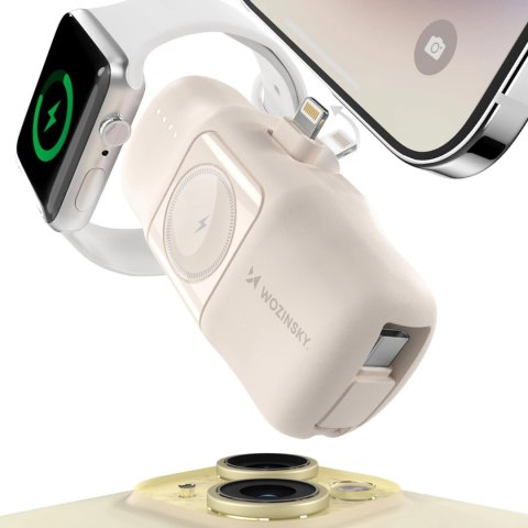 Mini powerbank Wozinsky WF16-YLS 5000mAh 15W Lightning z wbudowanym kablem USB-C i ładowarką do Apple Watch - beżowy Mini powerbank Wozinsky WF16-YLS 5000mAh 15W Lightning z wbudowanym kablem USB-C i ładowarką do Apple Watch - beżowy