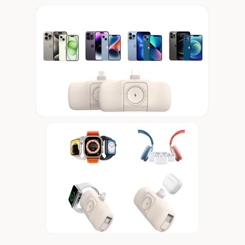 Mini powerbank Wozinsky WF16-YLS 5000mAh 15W Lightning z wbudowanym kablem USB-C i ładowarką do Apple Watch - beżowy Mini powerbank Wozinsky WF16-YLS 5000mAh 15W Lightning z wbudowanym kablem USB-C i ładowarką do Apple Watch - beżowy