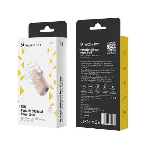 Mini powerbank Wozinsky WF16-YLS 5000mAh 15W Lightning z wbudowanym kablem USB-C i ładowarką do Apple Watch - beżowy Mini powerbank Wozinsky WF16-YLS 5000mAh 15W Lightning z wbudowanym kablem USB-C i ładowarką do Apple Watch - beżowy