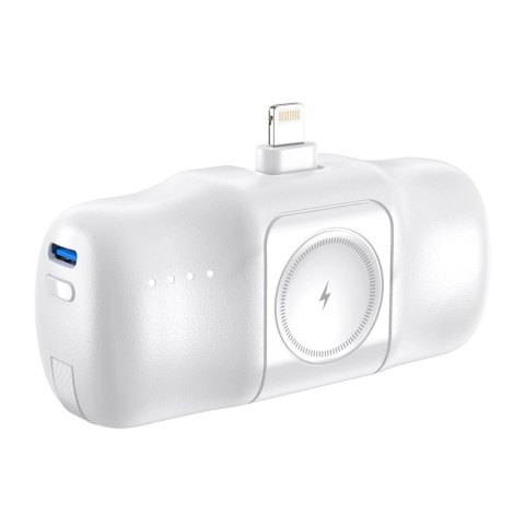 Mini powerbank Wozinsky WF16-YLS 5000mAh 15W Lightning z wbudowanym kablem USB-C i ładowarką do Apple Watch - biały Mini powerbank Wozinsky WF16-YLS 5000mAh 15W Lightning z wbudowanym kablem USB-C i ładowarką do Apple Watch - biały