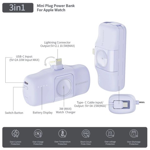 Mini powerbank Wozinsky WF16-YLS 5000mAh 15W Lightning z wbudowanym kablem USB-C i ładowarką do Apple Watch - fioletowy Mini powerbank Wozinsky WF16-YLS 5000mAh 15W Lightning z wbudowanym kablem USB-C i ładowarką do Apple Watch - fioletowy