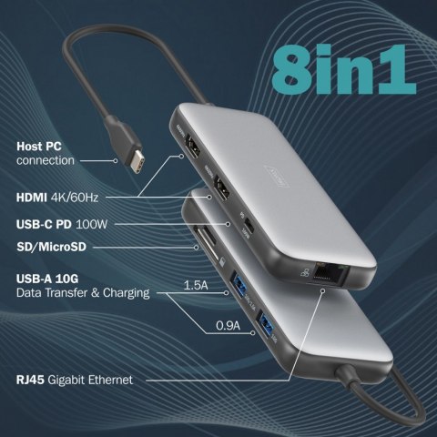 Stacja dokująca USB Typ C 8-portów 2x HDMI 4K/60Hz PD 3.0 Stacja dokująca USB Typ C 8-portów 2x HDMI 4K/60Hz PD 3.0
