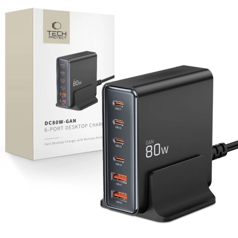 Stacja ładująca Tech-protect DC80W-GAN 6-PORT PD80W/QC3.0 - czarne Stacja ładująca Tech-protect DC80W-GAN 6-PORT PD80W/QC3.0 - czarne