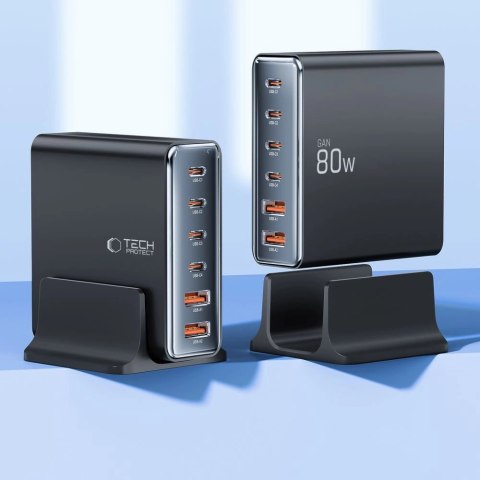 Stacja ładująca Tech-protect DC80W-GAN 6-PORT PD80W/QC3.0 - czarne Stacja ładująca Tech-protect DC80W-GAN 6-PORT PD80W/QC3.0 - czarne