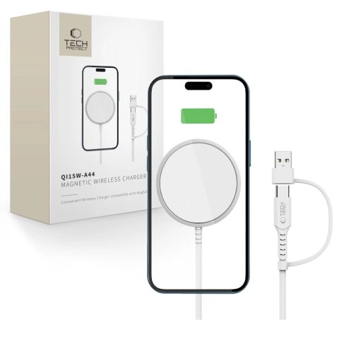 Ładowarka bezprzewodowa magnetyczna Tech-Protect QI15W-A44 z MagSafe - biała Ładowarka bezprzewodowa magnetyczna Tech-Protect QI15W-A44 z MagSafe - biała