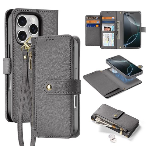 Etui skórzane Dux Ducis Lawa na iPhone 16 Pro Max z odłączanym portfelem magnetycznym - szare Etui skórzane Dux Ducis Lawa na iPhone 16 Pro Max z odłączanym portfelem magnetycznym - szare