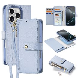 Etui skórzane Dux Ducis Lawa na iPhone 16 Pro z odłączanym portfelem magnetycznym - błękitne