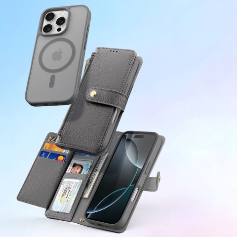 Etui skórzane Dux Ducis Lawa na iPhone 16 Pro z odłączanym portfelem magnetycznym - szare Etui skórzane Dux Ducis Lawa na iPhone 16 Pro z odłączanym portfelem magnetycznym - szare