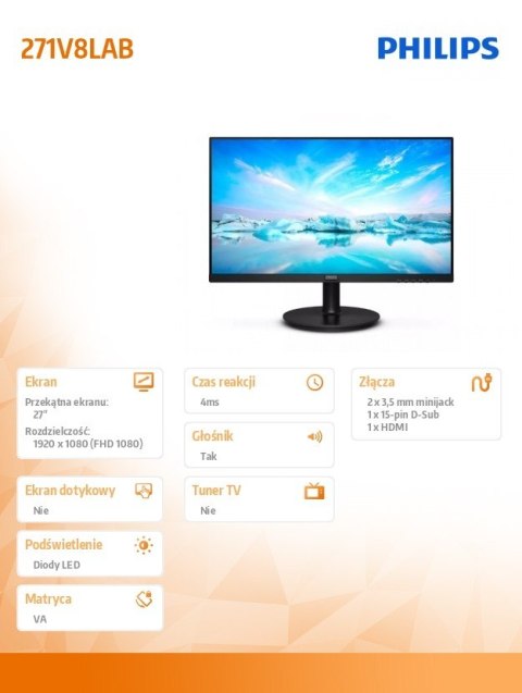 Monitor 271V8LAB 27 cali VA 100Hz HDMI Głośniki Monitor 271V8LAB 27 cali VA 100Hz HDMI Głośniki