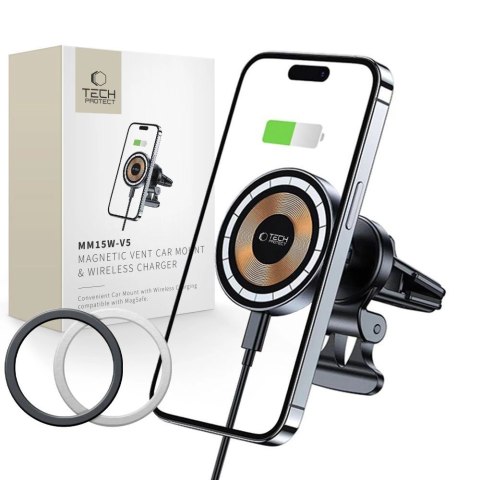 Uchwyt Tech-Protect MM15W-V5 samochodowy na telefon z ładowarką indukcyjną MagSafe 15W na kratkę nawiewu - czarny Uchwyt Tech-Protect MM15W-V5 samochodowy na telefon z ładowarką indukcyjną MagSafe 15W na kratkę nawiewu - czarny