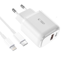 Ładowarka Tech-Protect C20W sieciowa USB-C PD 20W / USB-A QC 3.0 z kablem USB-C / Lightning - biała
