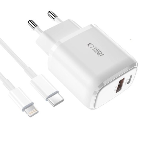 Ładowarka Tech-Protect C20W sieciowa USB-C PD 20W / USB-A QC 3.0 z kablem USB-C / Lightning - biała Ładowarka Tech-Protect C20W sieciowa USB-C PD 20W / USB-A QC 3.0 z kablem USB-C / Lightning - biała