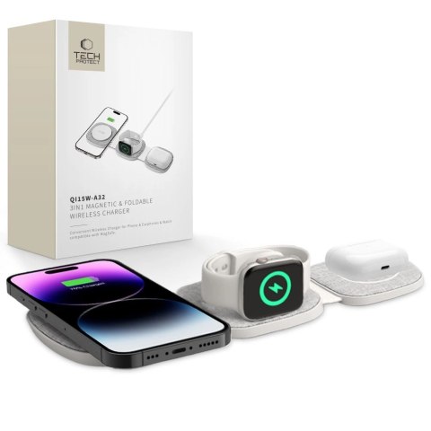 Ładowarka Tech-Protect QI15W-A32 indukcyjna 3w1 z MagSafe na smartfon / Apple Watch / AirPods - szara Ładowarka Tech-Protect QI15W-A32 indukcyjna 3w1 z MagSafe na smartfon / Apple Watch / AirPods - szara