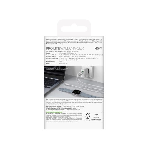 Ładowarka Puro Daily Prolite 45W USB-C USB-A Power Delivery z kablem USB-C - biała Ładowarka Puro Daily Prolite 45W USB-C USB-A Power Delivery z kablem USB-C - biała